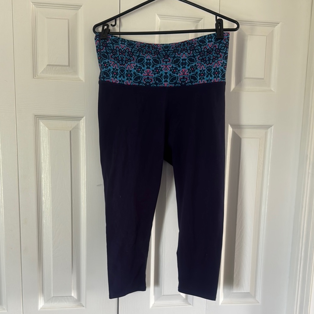 Fabletics Navy Leggings with Teal Patterned Waistband